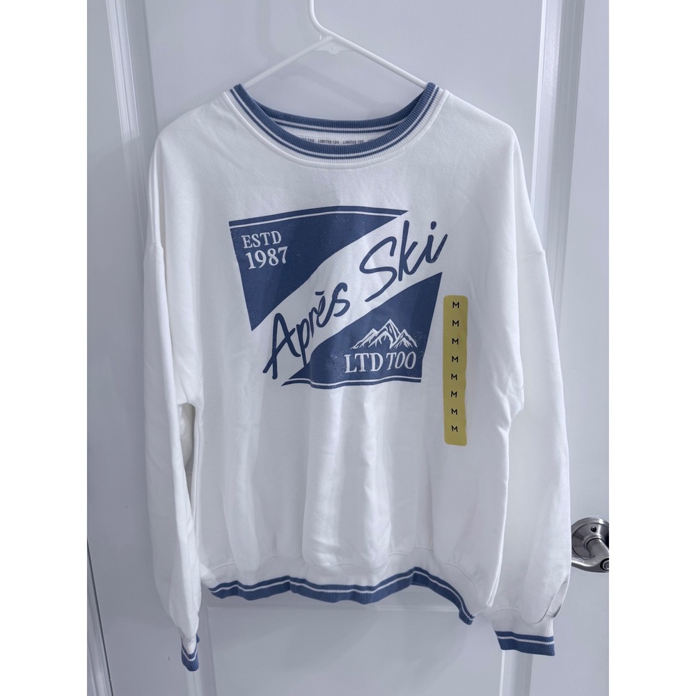 Limited Too Apres Ski Graphic Sweatshirt White Blue Striped Trim Pullover Medium